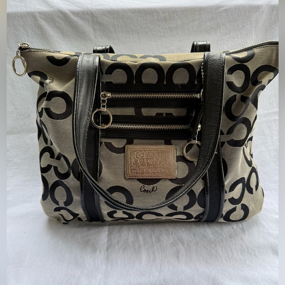 Vintage Coach Black +Gray Poppy Shoulder Tote Bag Logo 14530 Purse Purple Int.